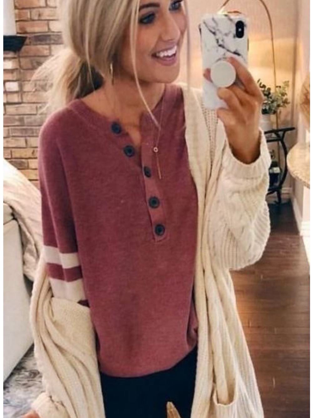 American Eagle Outfitters Rose Henley Knit Top with Button Placket